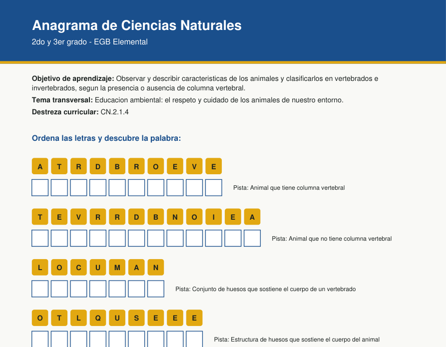 Vista previa del anagrama de Ciencias Naturales sobre animales vertebrados e invertebrados para 2do y 3er grado de EGB