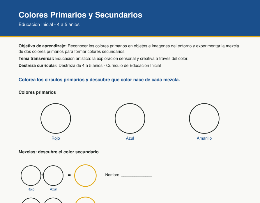 Vista previa del imprimible de colores primarios y secundarios para Educacion Inicial de 4 a 5 anios