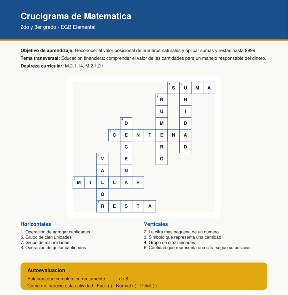 crucigrama de matematica sobre valor posicional y operaciones para segundo y tercer grado de EGB elemental
