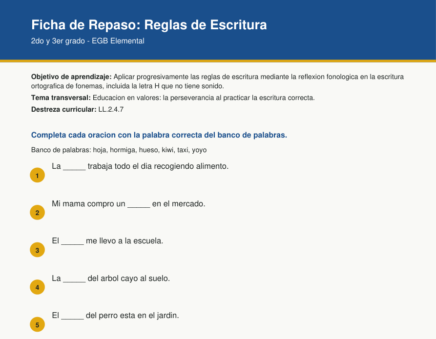 Vista previa de la ficha de repaso de reglas de escritura y ortografia para Lengua y Literatura de 2do y 3er grado de EGB