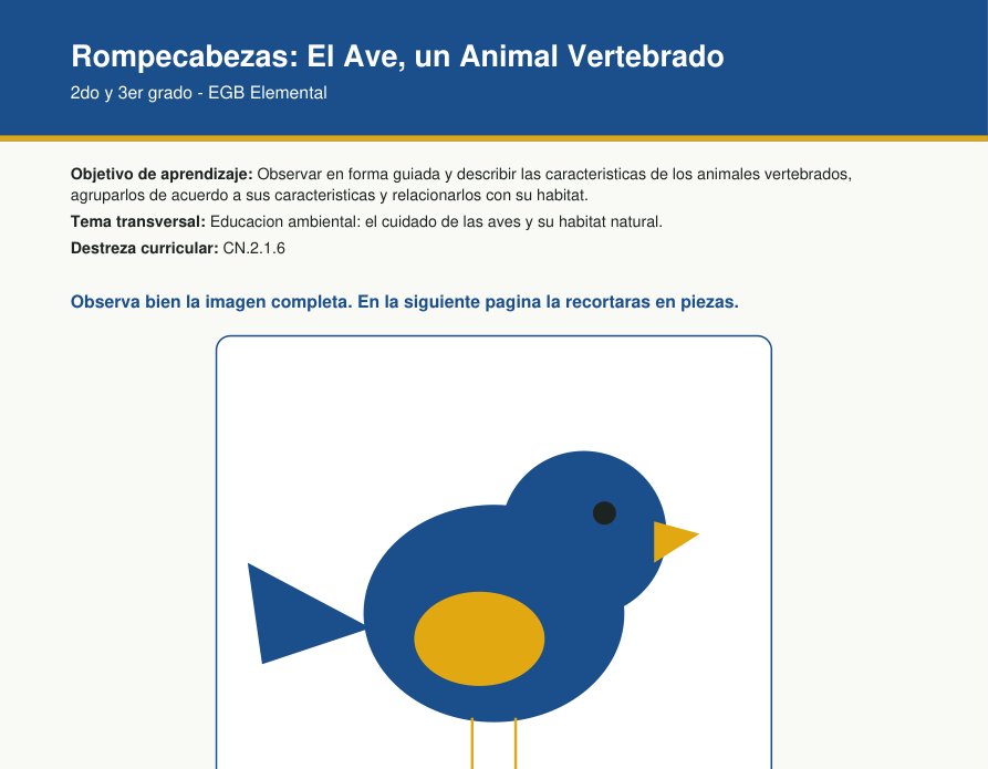 Ilustracion de un ave azul y dorada posada en una rama, ave vertebrada con pico, ala, cola y patas visibles, recurso rompecabezas educativo para Ciencias Naturales de EGB Elemental