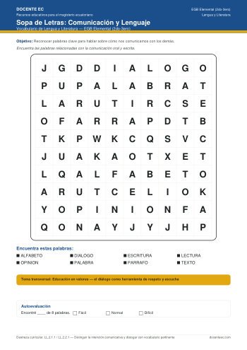 Sopa de letras de Lengua y Literatura para segundo y tercer grado de EGB Elemental, con vocabulario sobre comunicacion oral y escrita