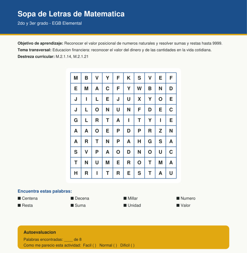 sopa de letras de matematica sobre valor posicional para segundo y tercer grado de EGB elemental