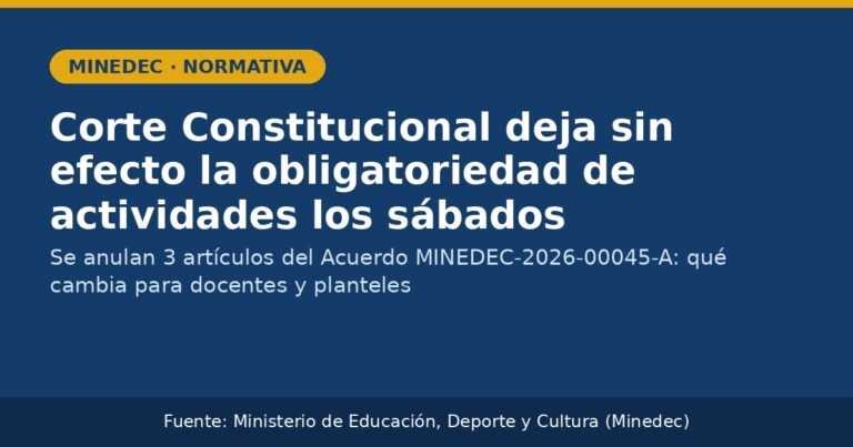 Tarjeta grafica: Corte Constitucional deja sin efecto la obligatoriedad de actividades los sabados; se anulan 3 articulos del Acuerdo MINEDEC-2026-00045-A