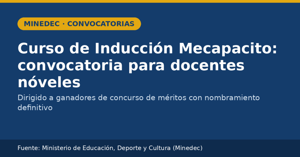 Tarjeta grafica de DocenteEC sobre el Curso de Induccion de Mecapacito para docentes noveles, con el texto MINEDEC Convocatorias, el titular y la fuente Ministerio de Educacion, Deporte y Cultura