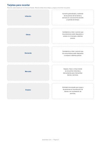Tarjetas del memorama de conceptos basicos de economia: inflacion, oferta, demanda, mercado y empleo, con sus definiciones