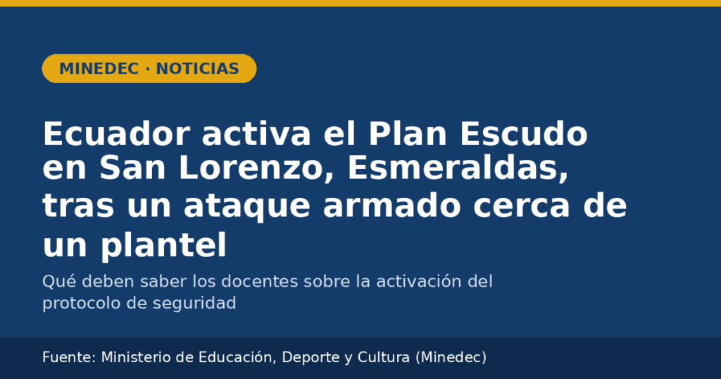 Tarjeta gráfica de DocenteEC sobre la activación del Plan Escudo del Minedec en San Lorenzo, Esmeraldas, tras un ataque armado cerca de un plantel educativo, septiembre 2026