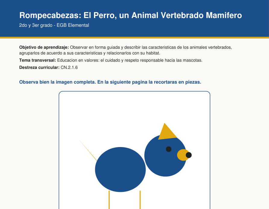 Ilustracion de un perro azul y dorado sentado, animal vertebrado mamifero con orejas, hocico, cola y patas visibles, recurso rompecabezas educativo para Ciencias Naturales de EGB Elemental