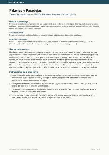 Tablero de clasificacion de falacias y paradojas filosoficas, recurso de Filosofia para Bachillerato