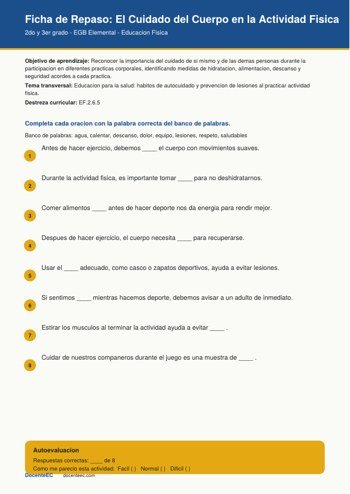 Ficha de repaso sobre el cuidado del cuerpo en la actividad fisica para 2do y 3er grado EGB elemental