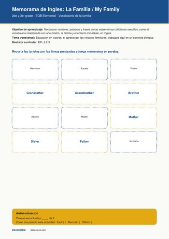 Memorama de ingles con vocabulario de la familia para 2do y 3er grado EGB elemental